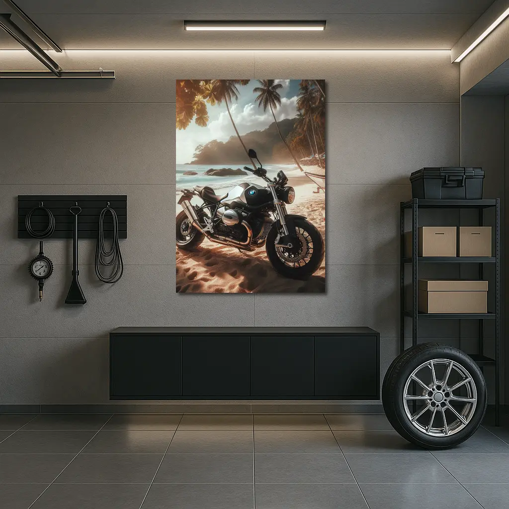 BMW Motorcycle Parked on Tropical Beach – Wall Art