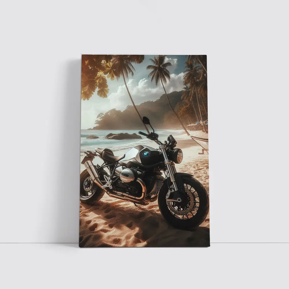 BMW Motorcycle Parked on Tropical Beach – Wall Art