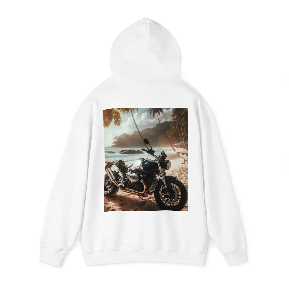 BMW Motorcycle Parked on Tropical Beach – Hoodies