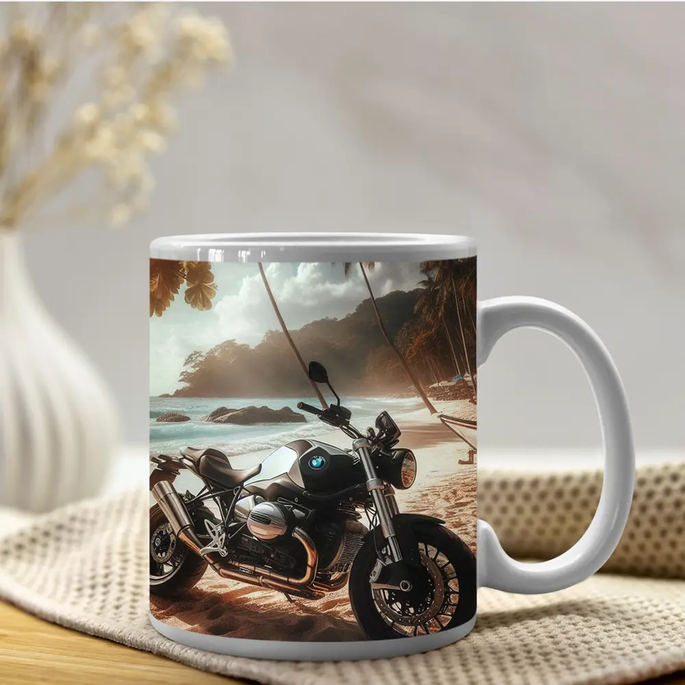 BMW Motorcycle Parked on Tropical Beach – Mugs