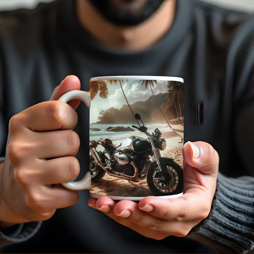 BMW Motorcycle Parked on Tropical Beach – Mugs