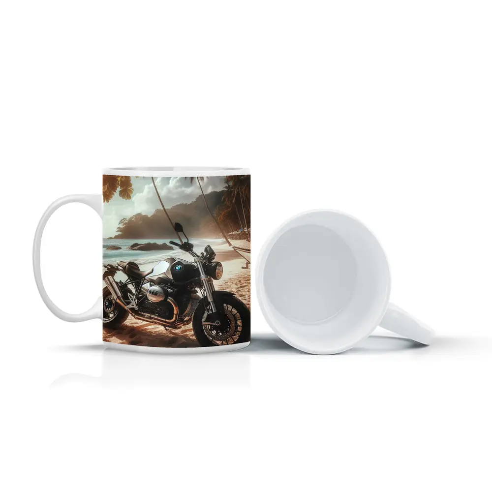 BMW Motorcycle Parked on Tropical Beach – Mugs