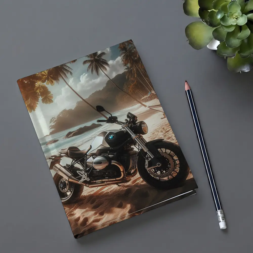 BMW Motorcycle Parked on Tropical Beach – Notebooks