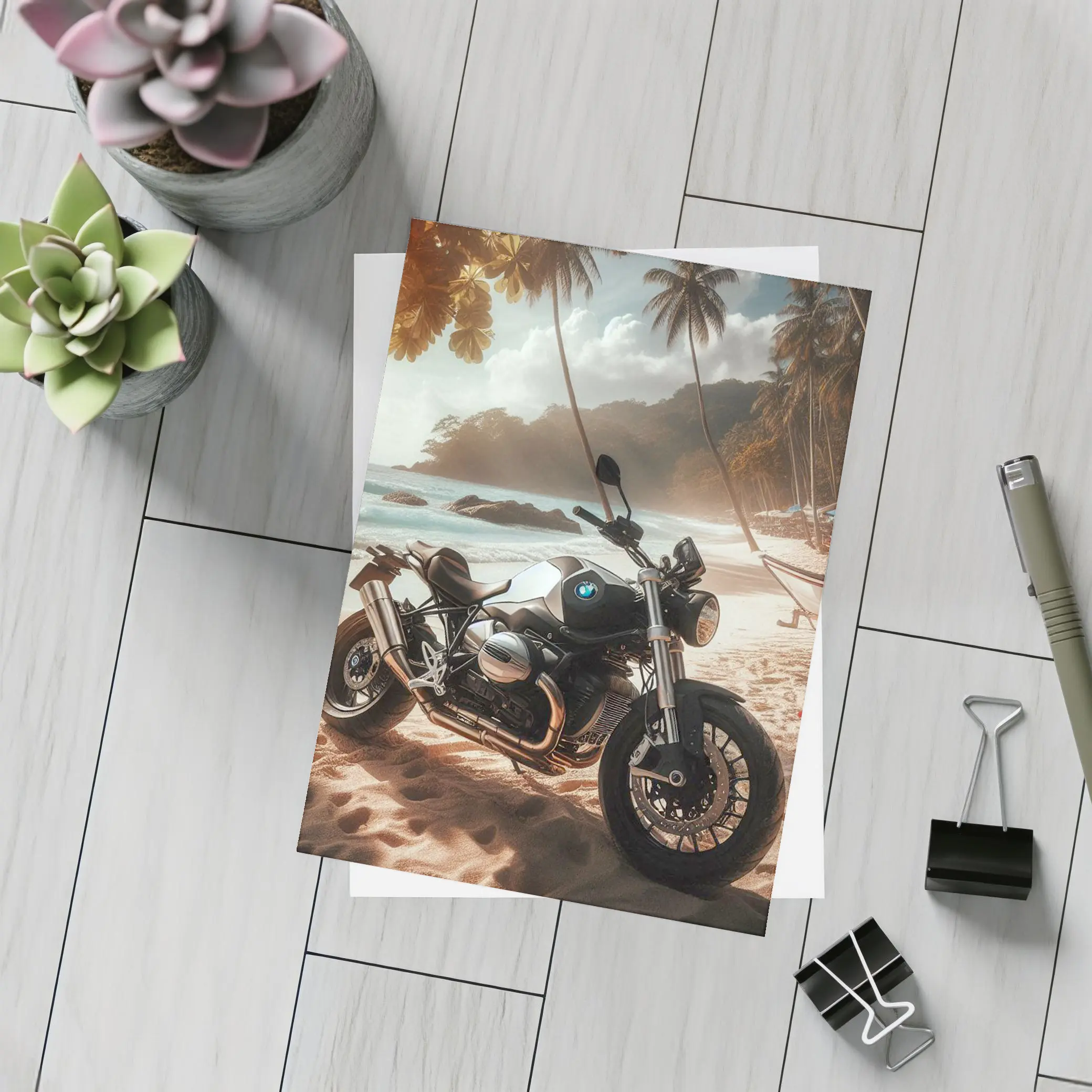 BMW Motorcycle Parked on Tropical Beach – Postcards