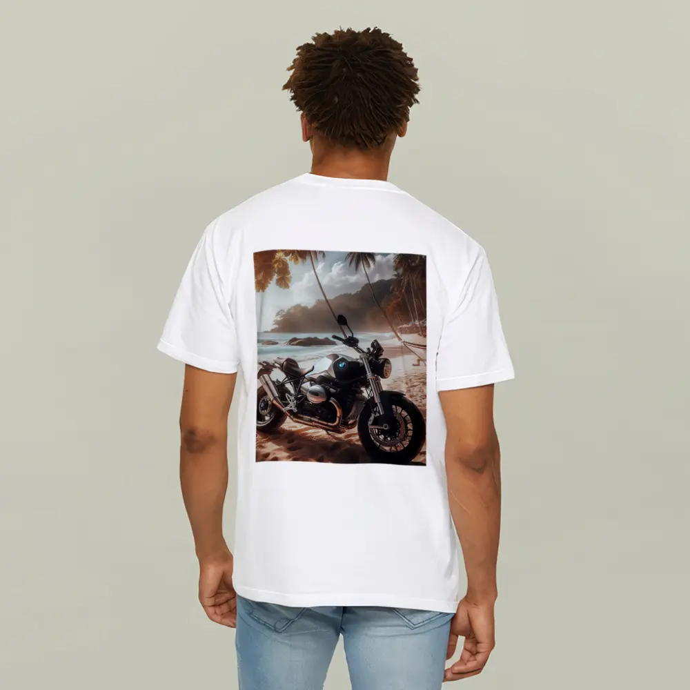 BMW Motorcycle Parked on Tropical Beach – T-Shirts