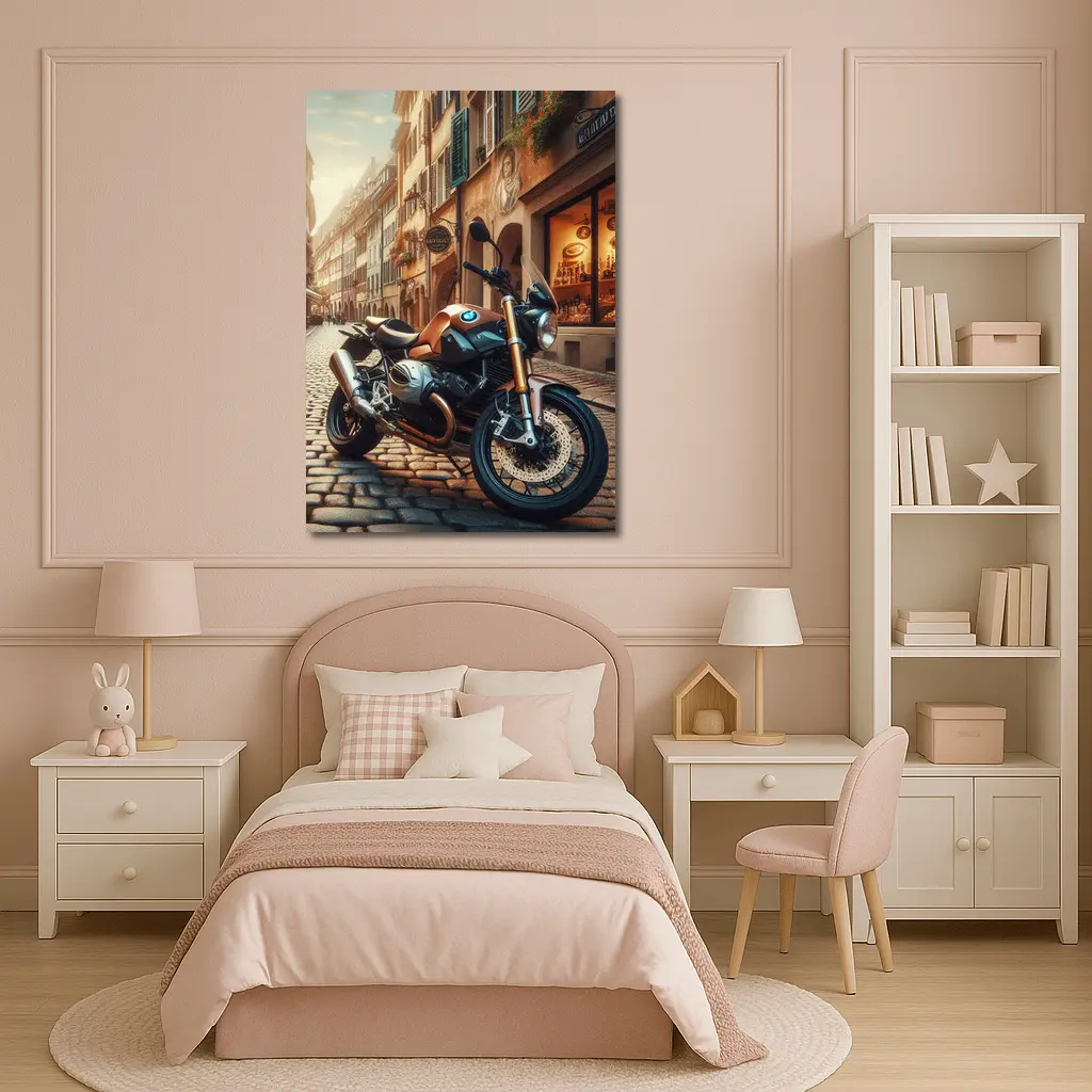 BMW Motorcycle Parked on European Cobblestone Street – Wall Art