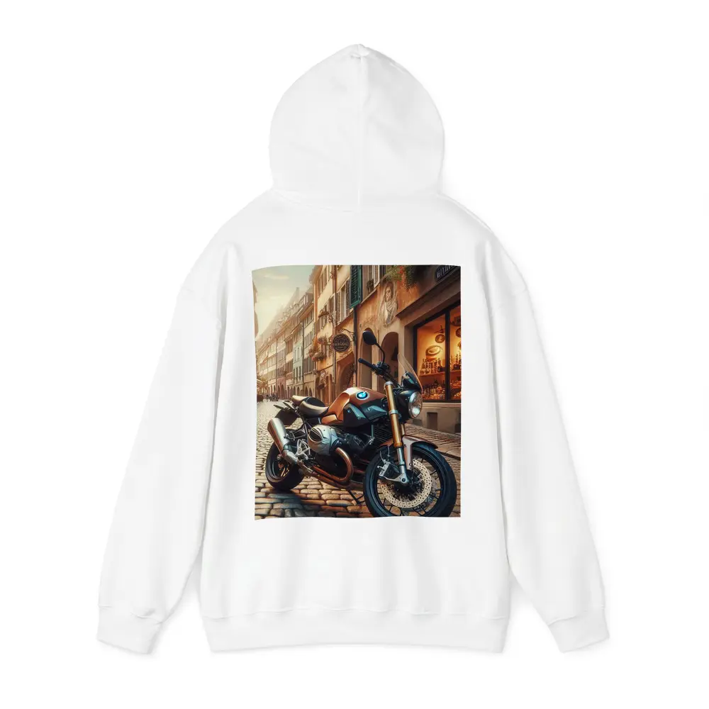 BMW Motorcycle Parked on European Cobblestone Street – Hoodies