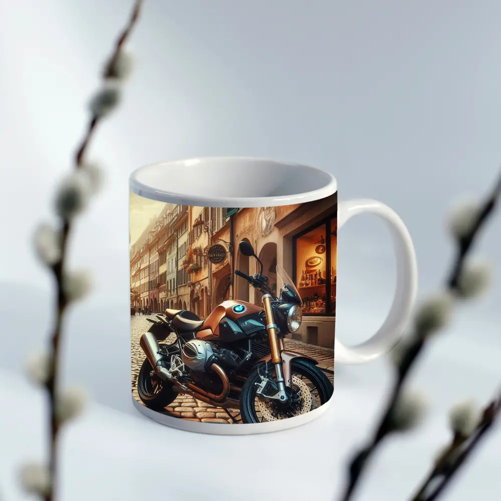 BMW Motorcycle Parked on European Cobblestone Street – Mugs
