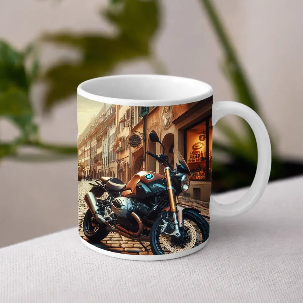 BMW Motorcycle Parked on European Cobblestone Street – Mugs