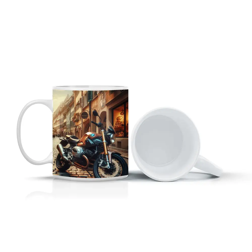 BMW Motorcycle Parked on European Cobblestone Street – Mugs