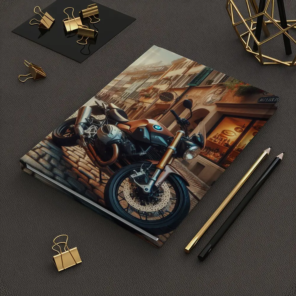 BMW Motorcycle Parked on European Cobblestone Street – Notebooks