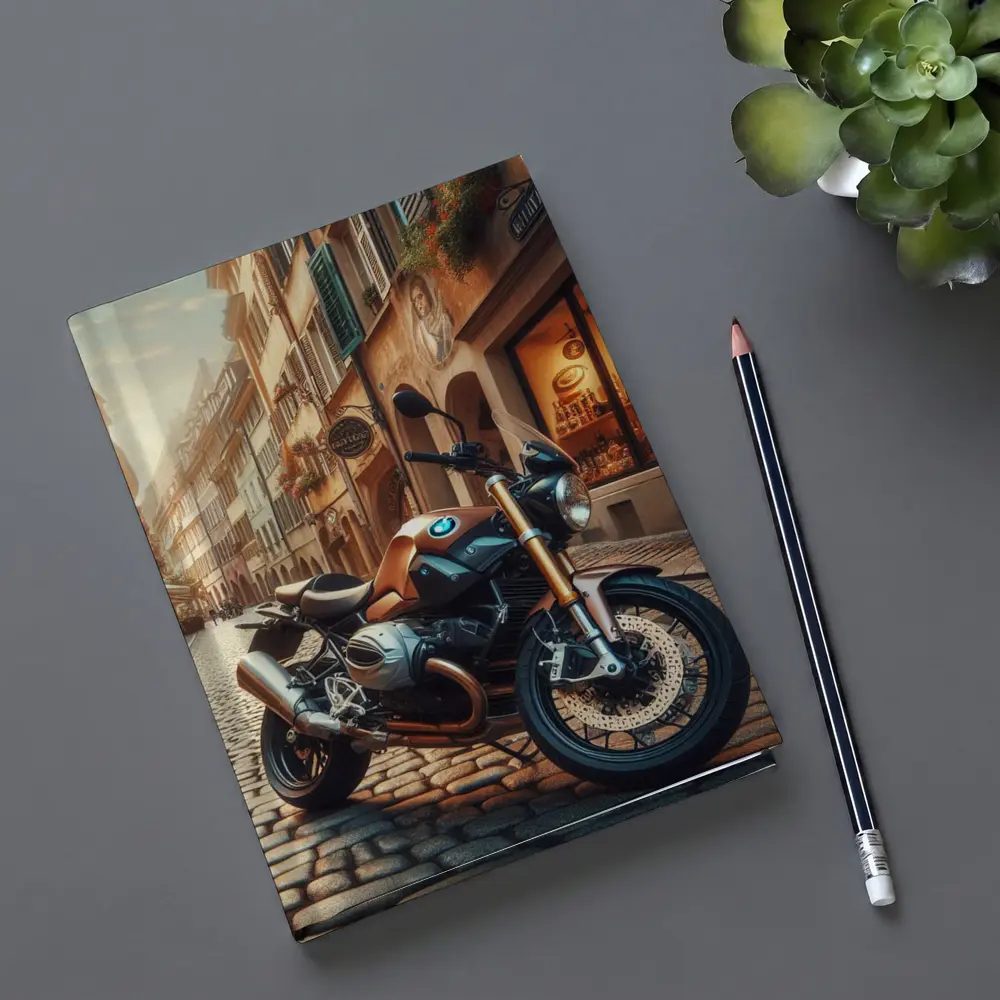 BMW Motorcycle Parked on European Cobblestone Street – Notebooks