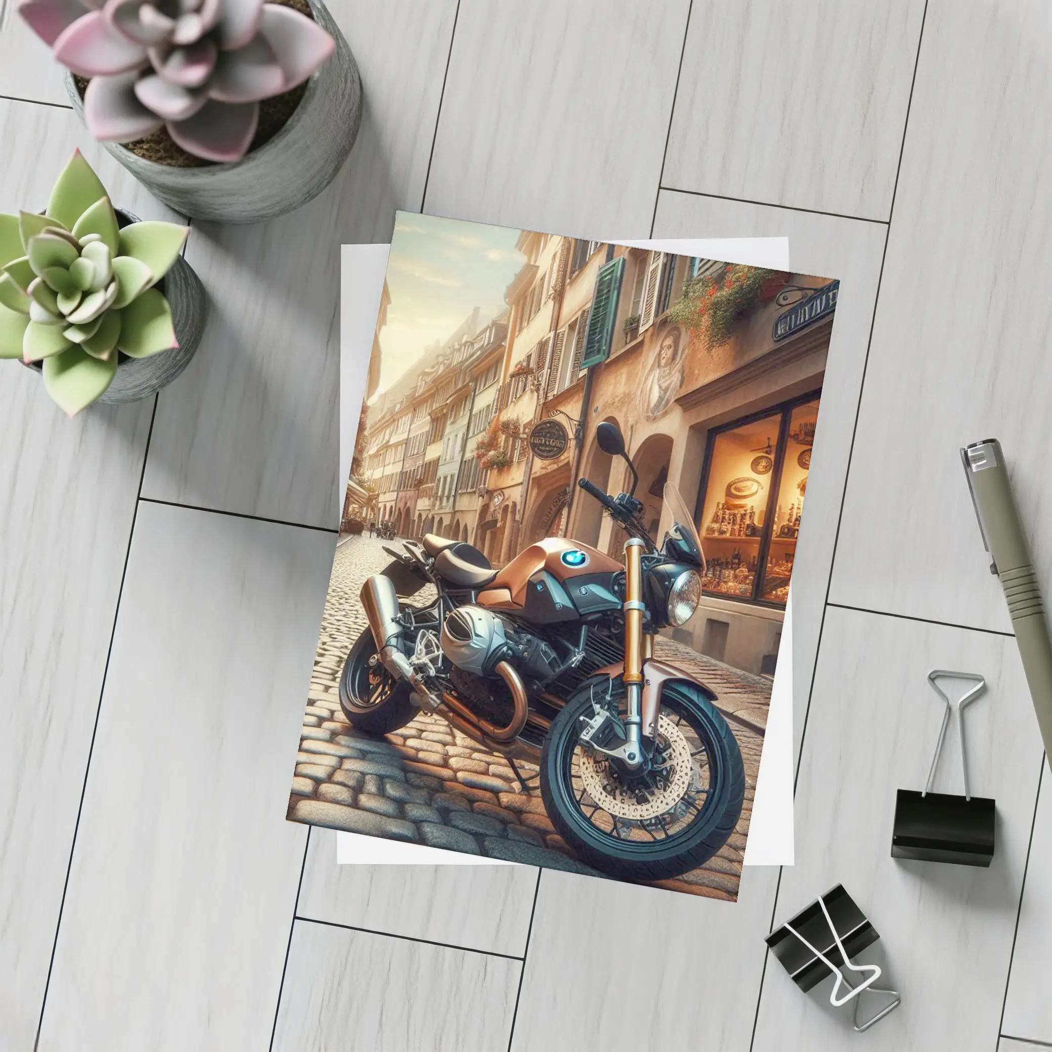 BMW Motorcycle Parked on European Cobblestone Street – Postcards