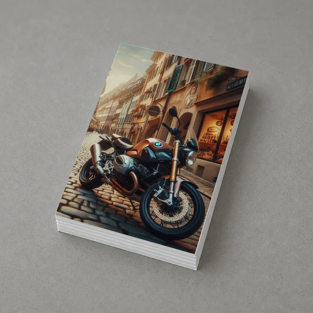 BMW Motorcycle Parked on European Cobblestone Street – Postcards