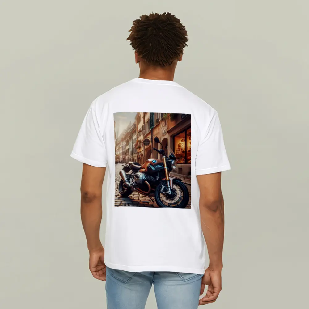 BMW Motorcycle Parked on European Cobblestone Street – T-Shirts