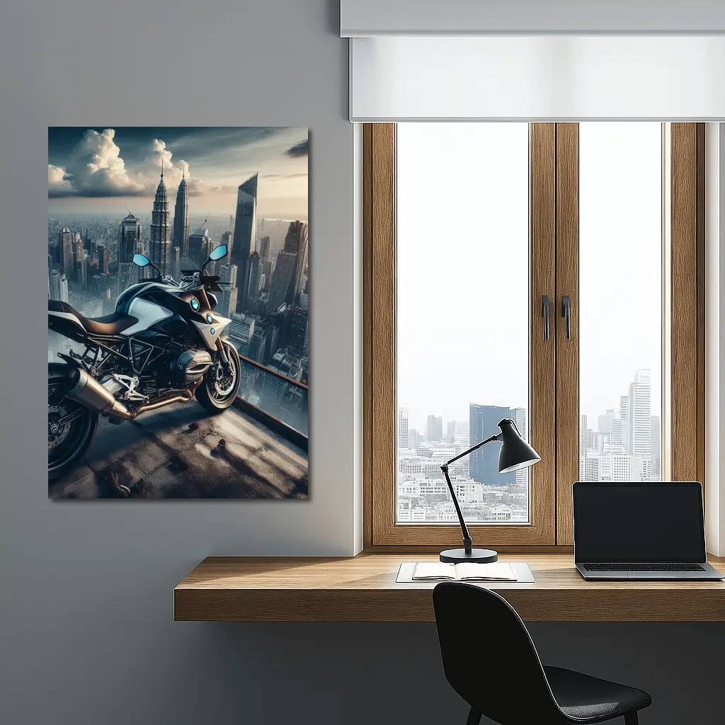BMW Motorcycle City Skyline Rooftop View – Wall Art