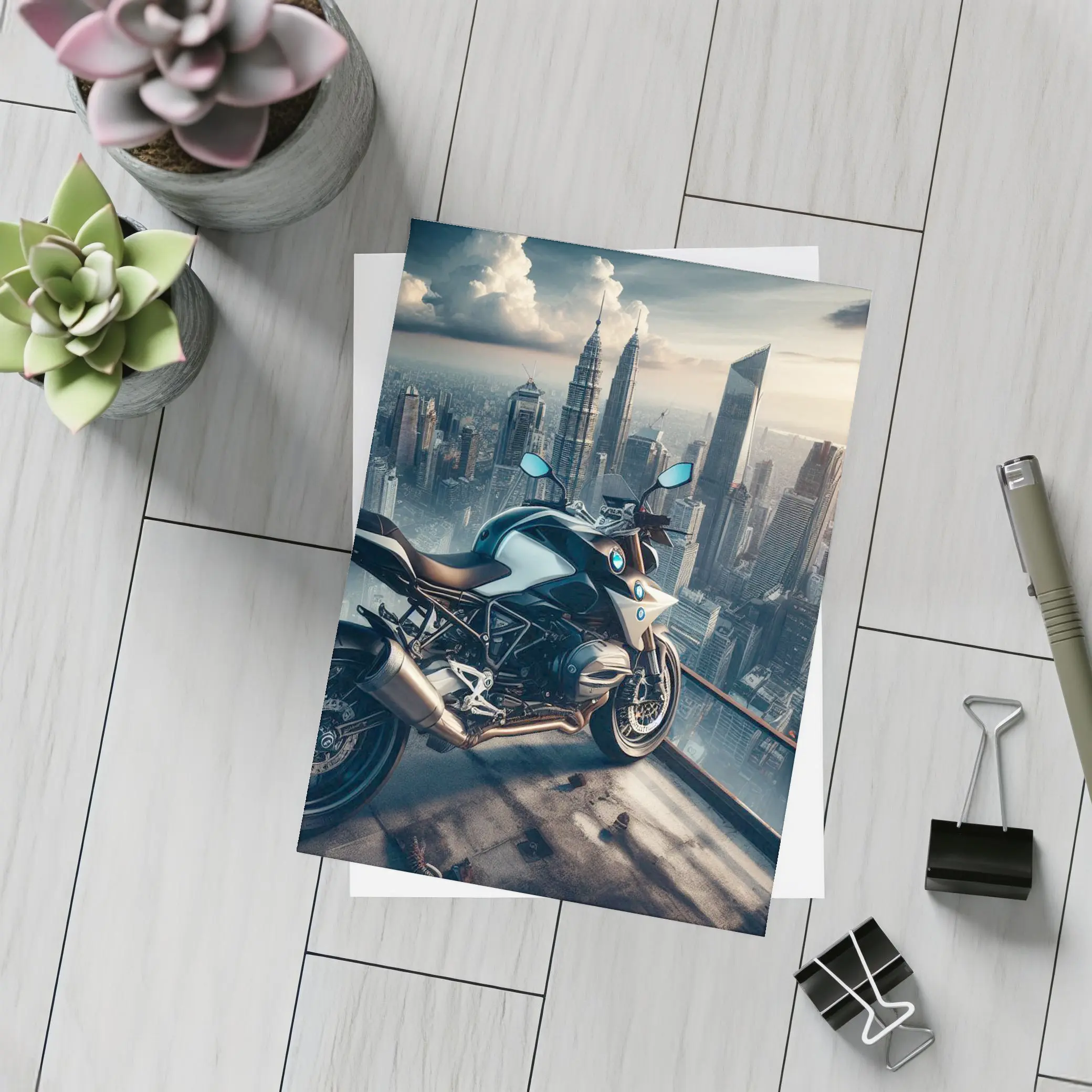 BMW Motorcycle City Skyline Rooftop View – Postcards