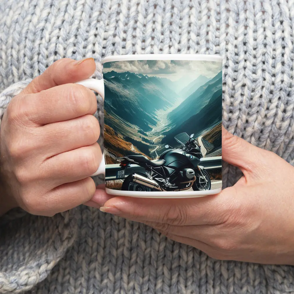 BMW Motorcycle Parked on Mountain Alpine Road – Mugs