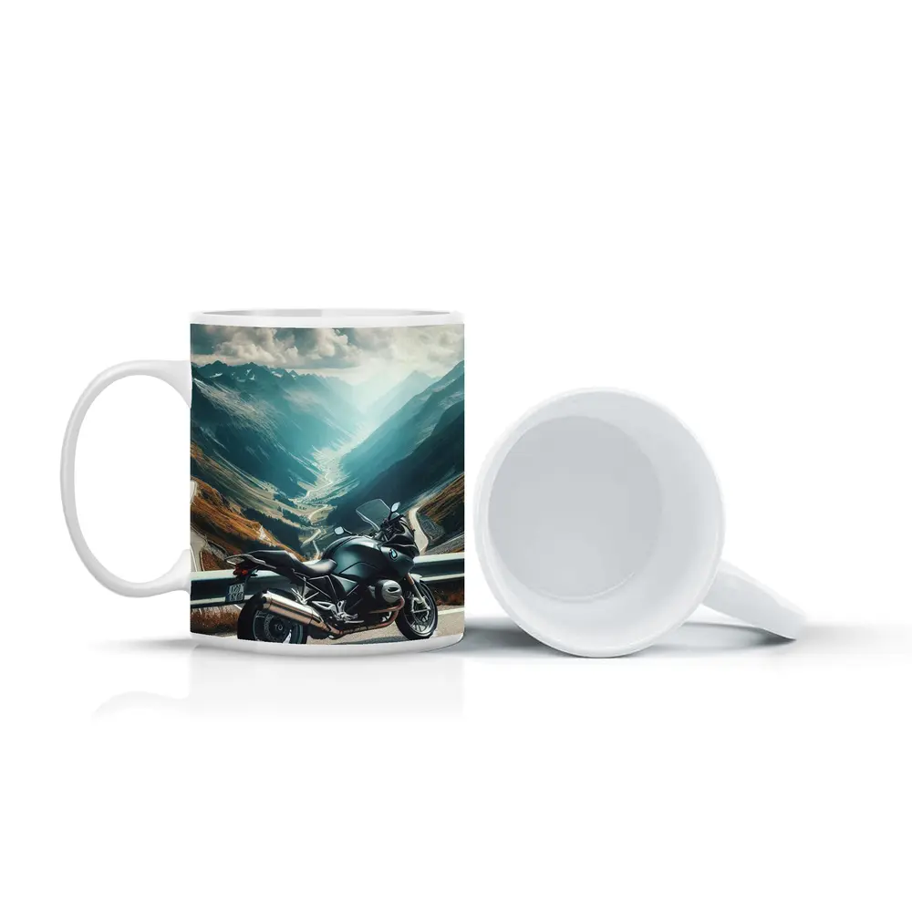 BMW Motorcycle Parked on Mountain Alpine Road – Mugs