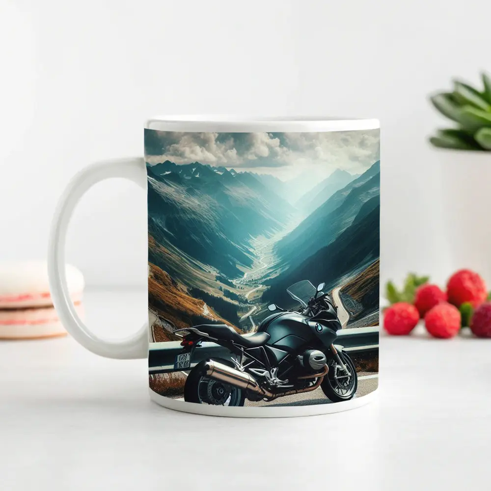 BMW Motorcycle Parked on Mountain Alpine Road – Mugs