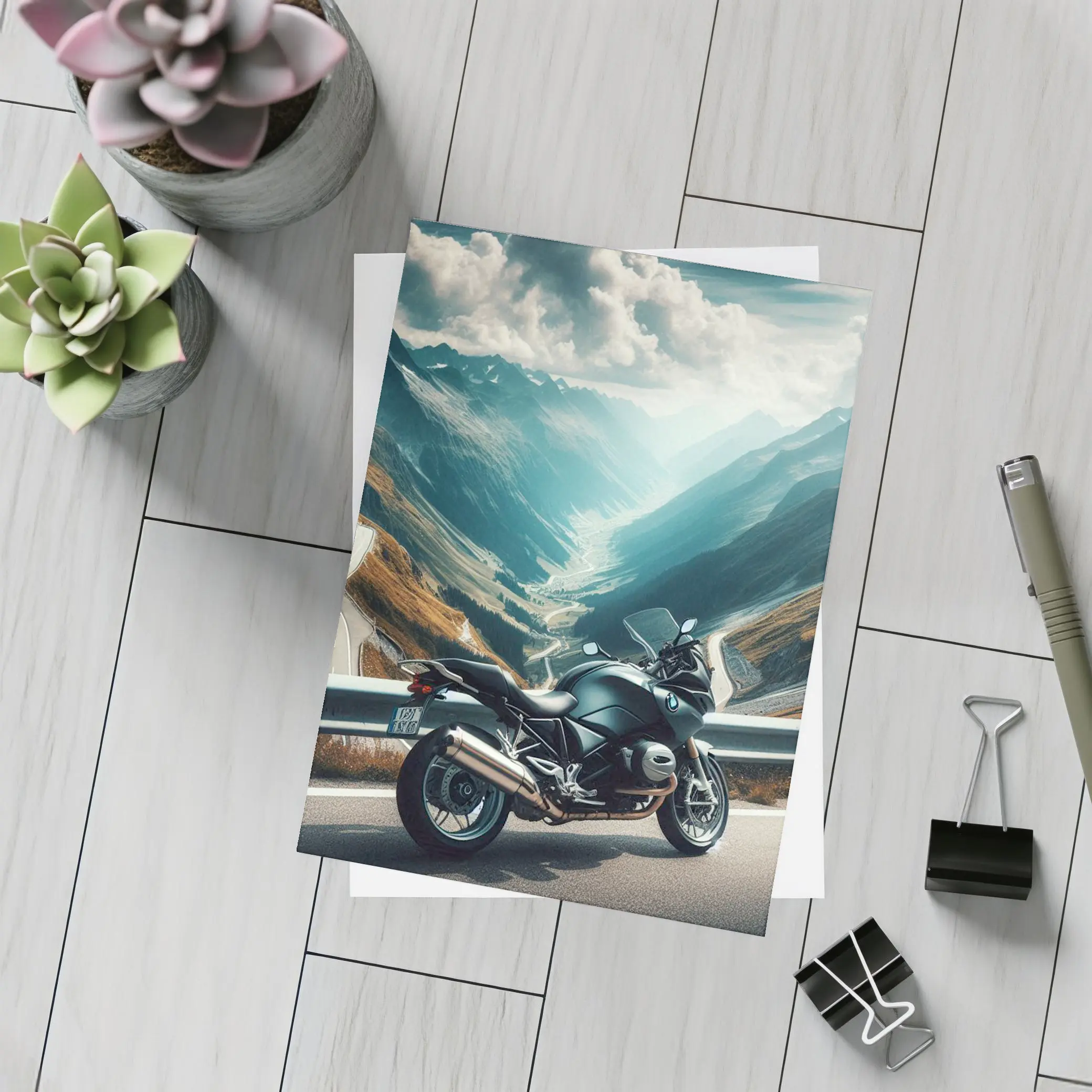 BMW Motorcycle Parked on Mountain Alpine Road – Postcards