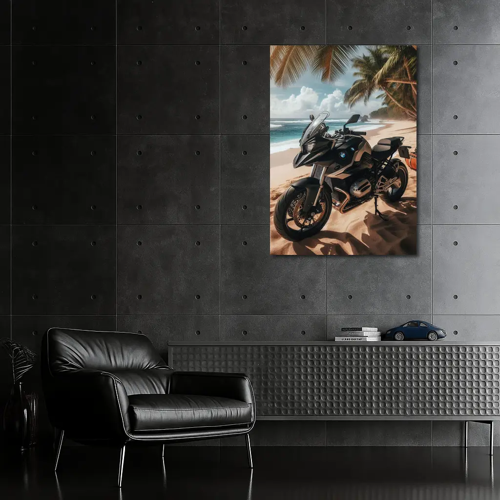 BMW Motorcycle Parked on Tropical Beach – Wall Art