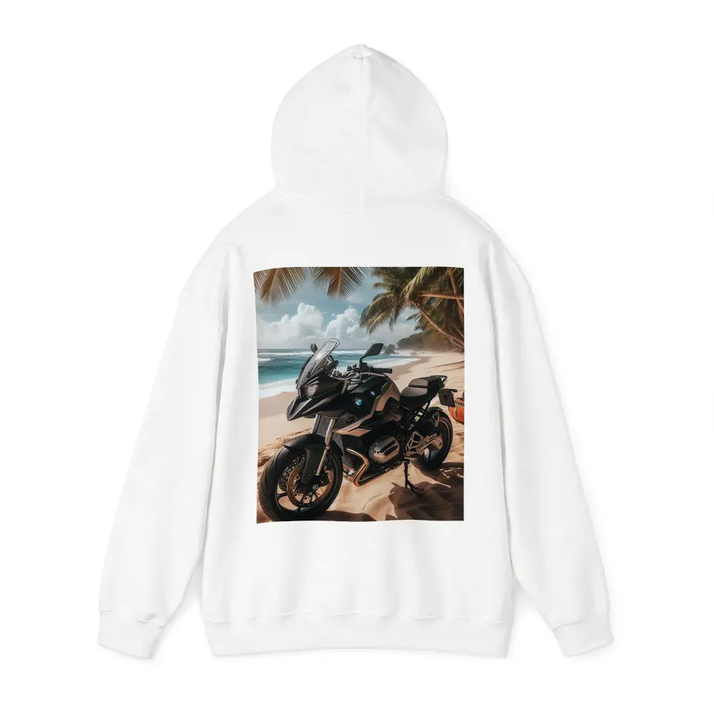 BMW Motorcycle Parked on Tropical Beach – Hoodies
