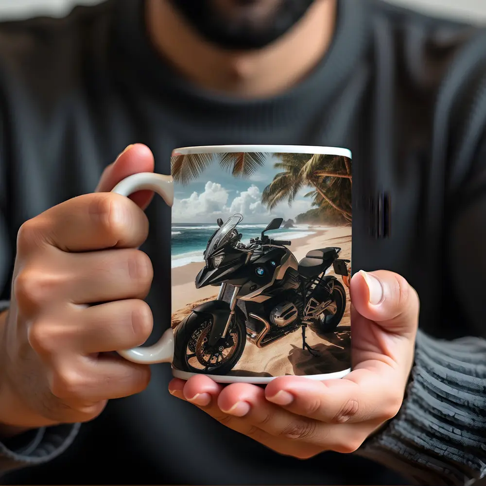 BMW Motorcycle Parked on Tropical Beach – Mugs