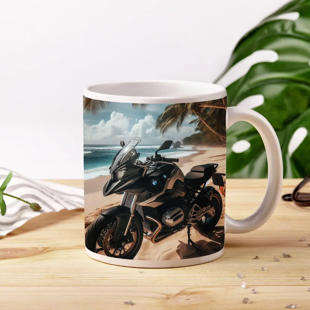 BMW Motorcycle Parked on Tropical Beach – Mugs