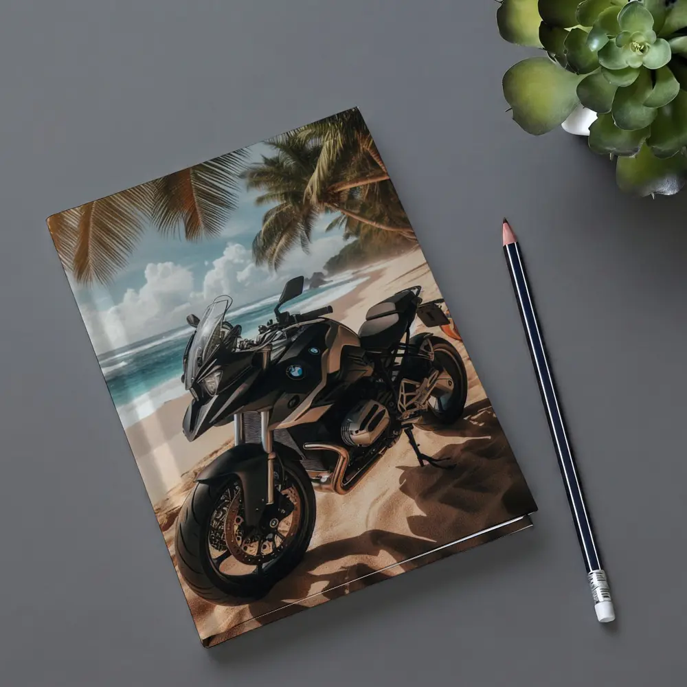 BMW Motorcycle Parked on Tropical Beach – Notebooks