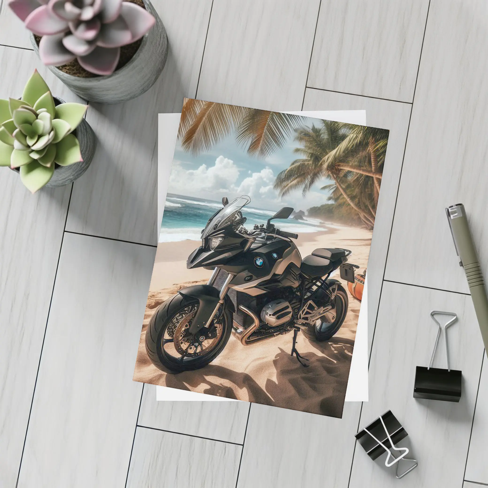 BMW Motorcycle Parked on Tropical Beach – Postcards