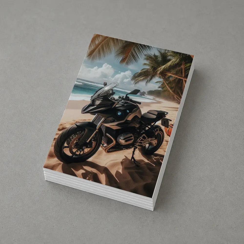 BMW Motorcycle Parked on Tropical Beach – Postcards