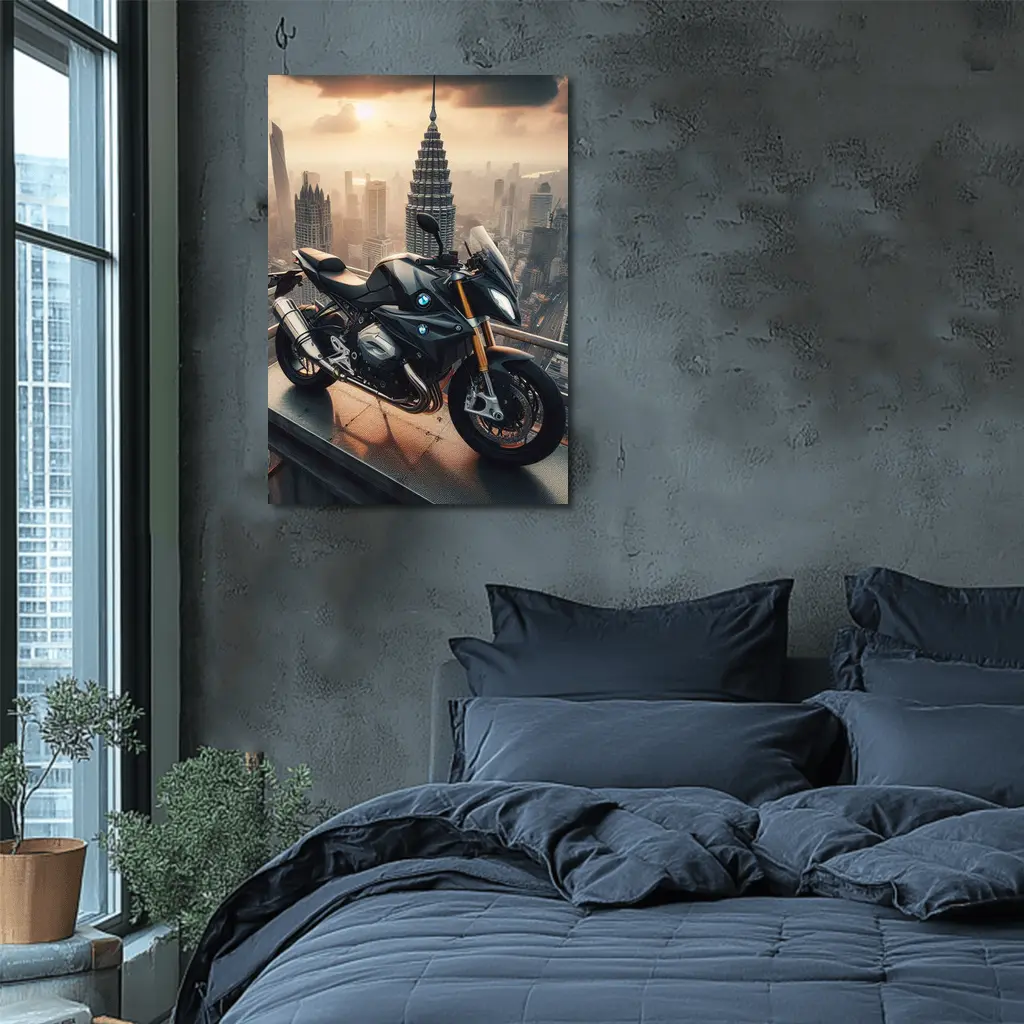 BMW Motorcycle Rooftop City Skyline View – Wall Art