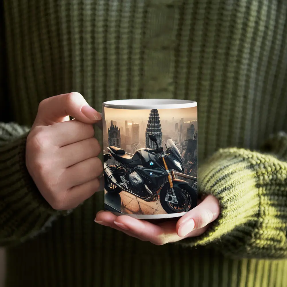 BMW Motorcycle Rooftop City Skyline View – Mugs