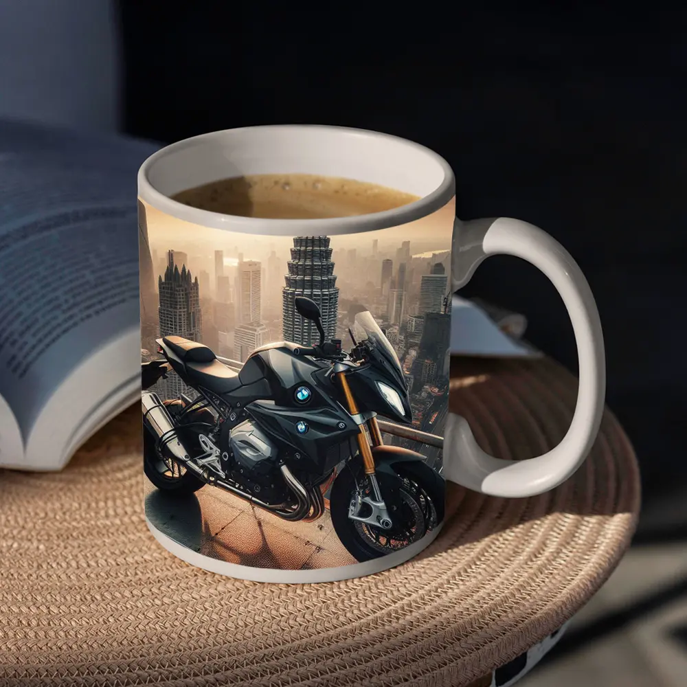 BMW Motorcycle Rooftop City Skyline View – Mugs