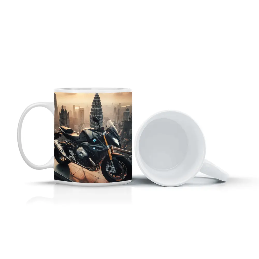 BMW Motorcycle Rooftop City Skyline View – Mugs