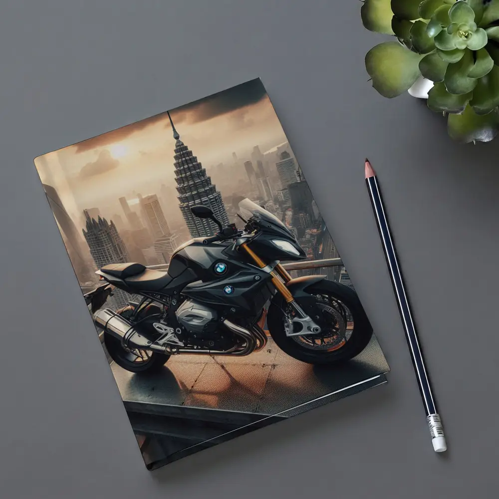 BMW Motorcycle Rooftop City Skyline View – Notebooks
