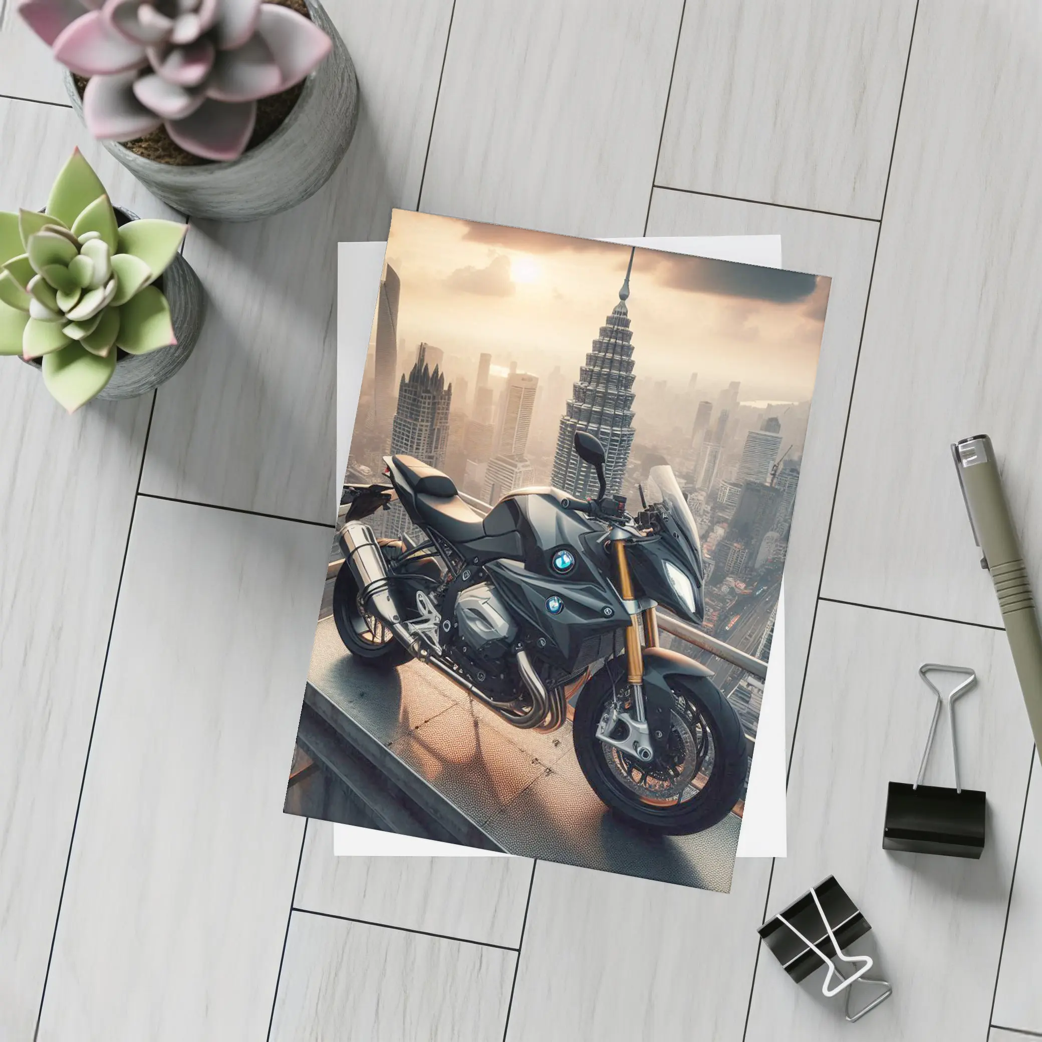 BMW Motorcycle Rooftop City Skyline View – Postcards