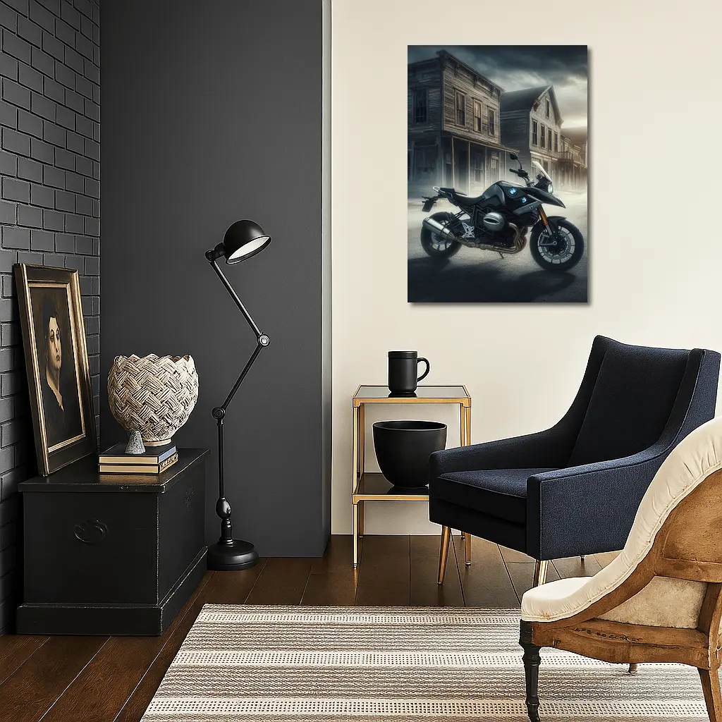 BMW Motorcycle Dark Abandoned Town Street – Wall Art