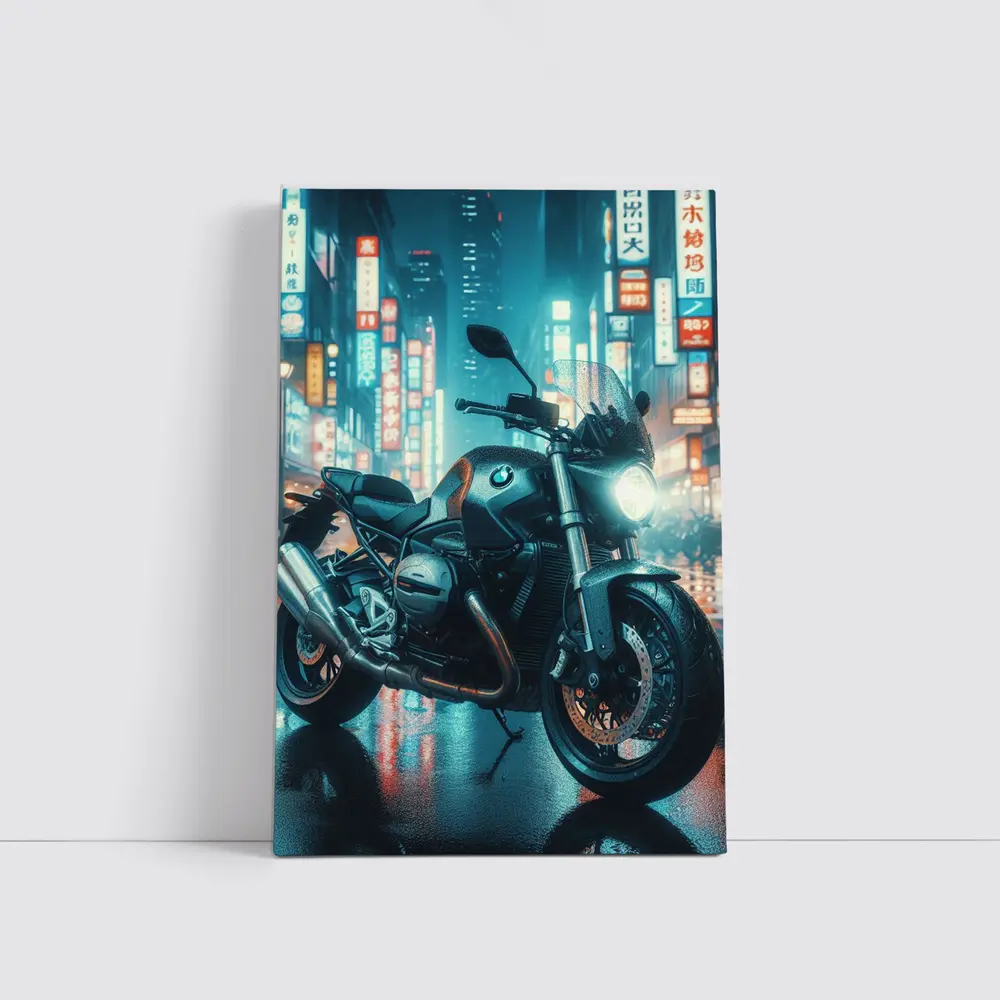 BMW Motorcycle Neon City Night Street – Wall Art