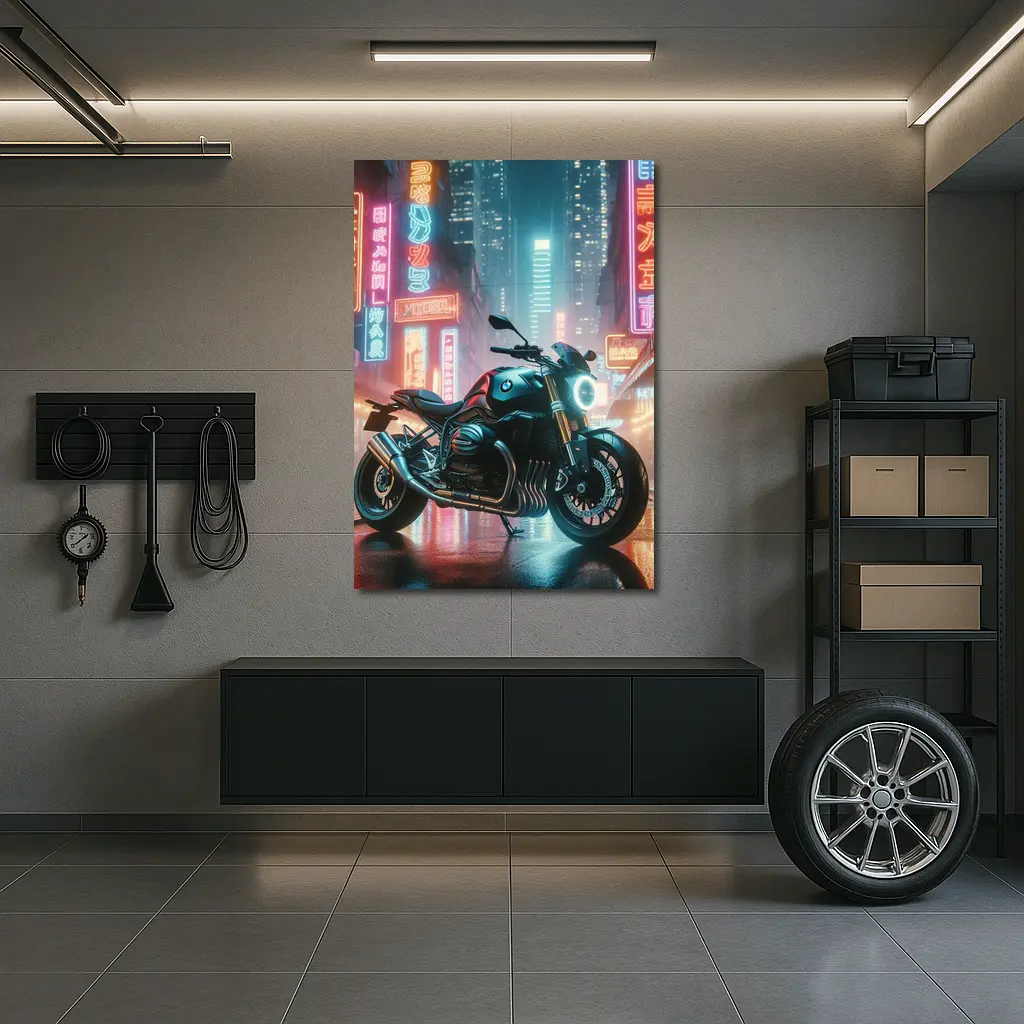 BMW Motorcycle Neon City Night Street – Wall Art