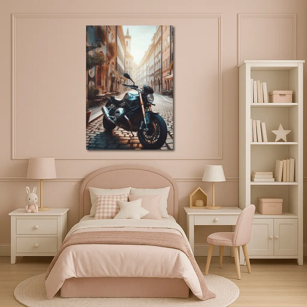 BMW Motorcycle Parked On European Cobblestone Street – Wall Art