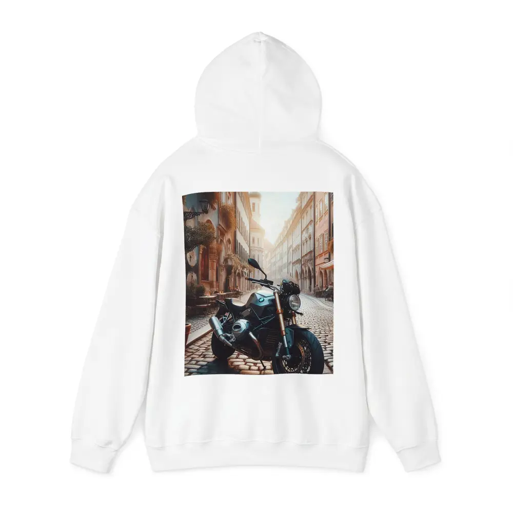 BMW Motorcycle Parked On European Cobblestone Street – Hoodies