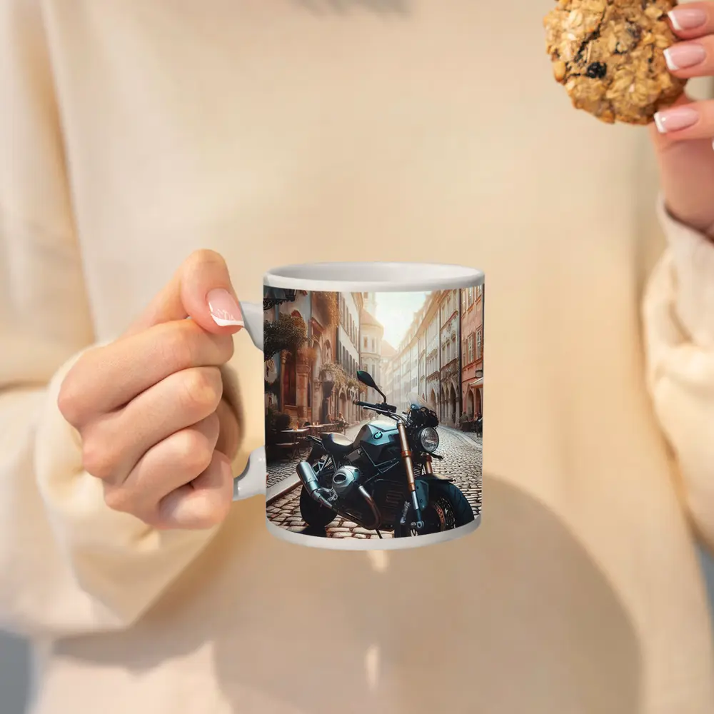 BMW Motorcycle Parked On European Cobblestone Street – Mugs