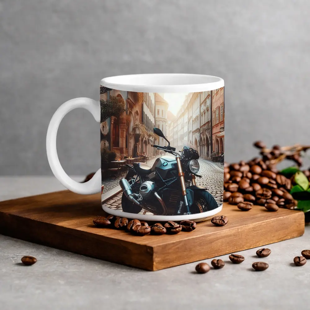 BMW Motorcycle Parked On European Cobblestone Street – Mugs
