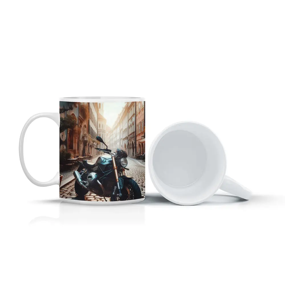 BMW Motorcycle Parked On European Cobblestone Street – Mugs