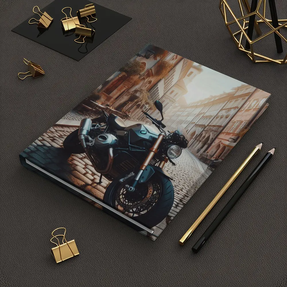 BMW Motorcycle Parked On European Cobblestone Street – Notebooks