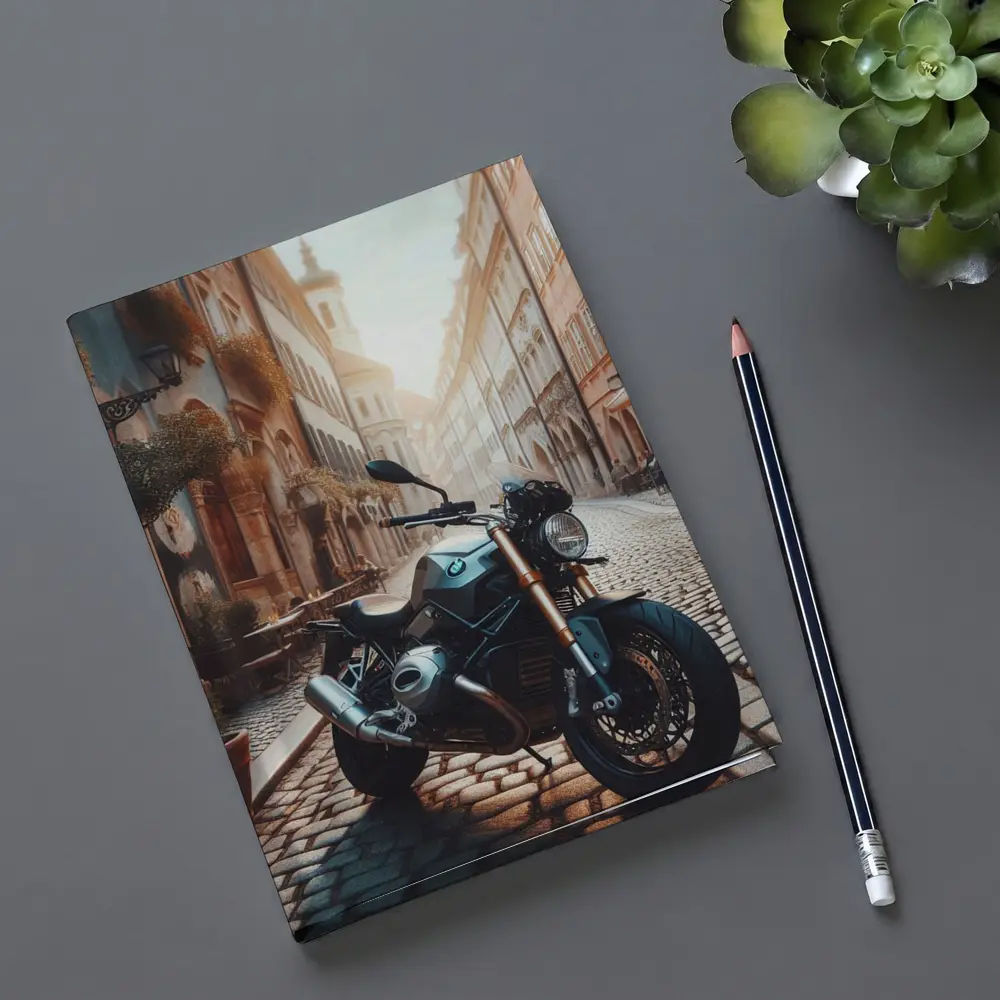 BMW Motorcycle Parked On European Cobblestone Street – Notebooks