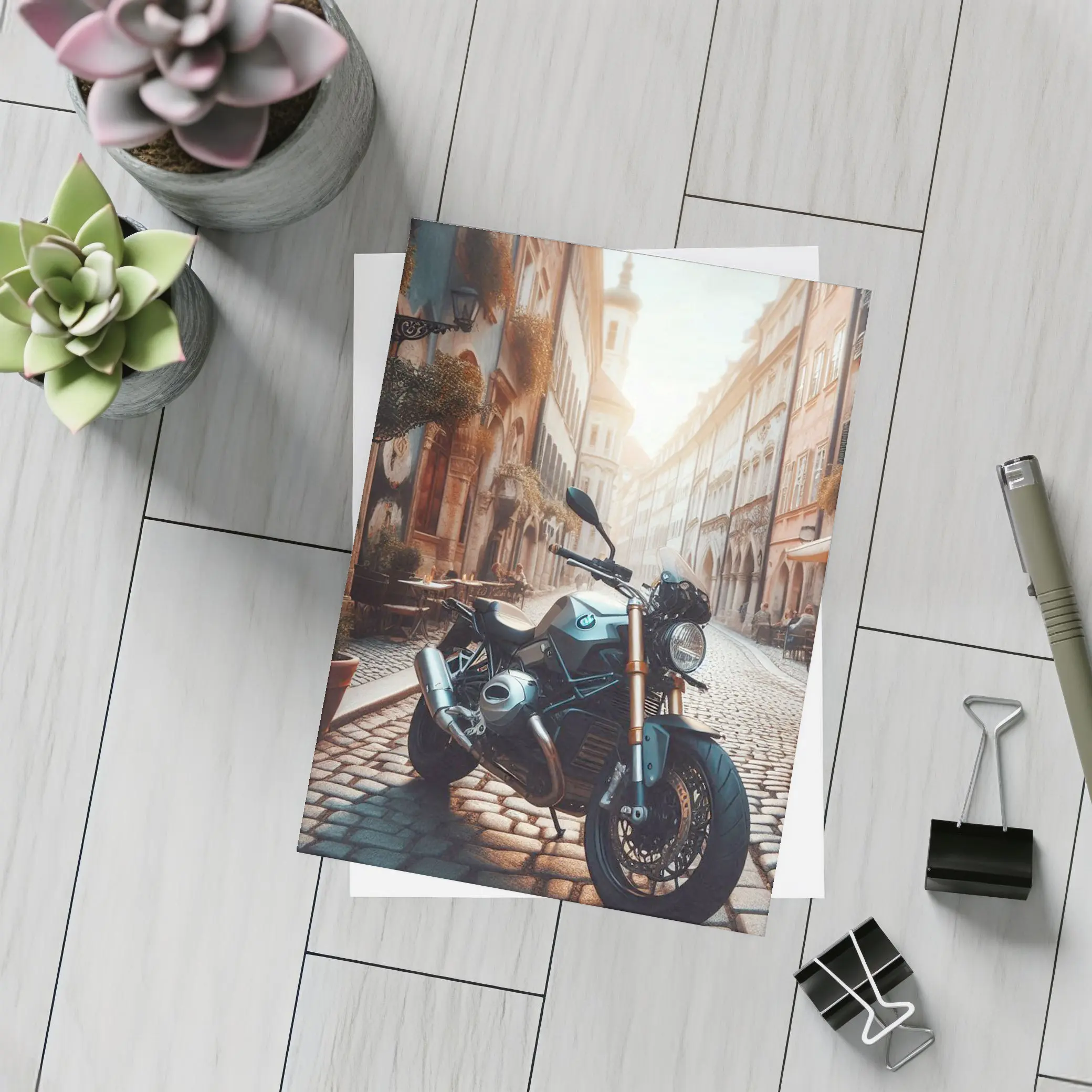 BMW Motorcycle Parked On European Cobblestone Street – Postcards