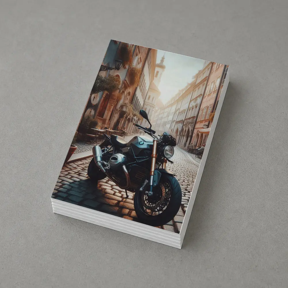 BMW Motorcycle Parked On European Cobblestone Street – Postcards